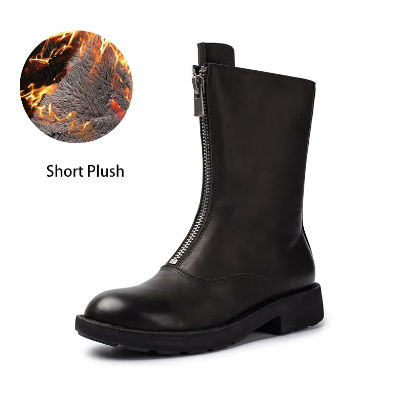 Handmade Cowhide Chelsea Boots Front Zip Short Boots in Black