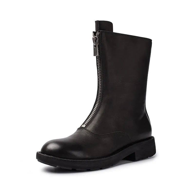 Handmade Cowhide Chelsea Boots Front Zip Short Boots in Black