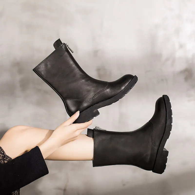 Handmade Cowhide Chelsea Boots Front Zip Short Boots in Black