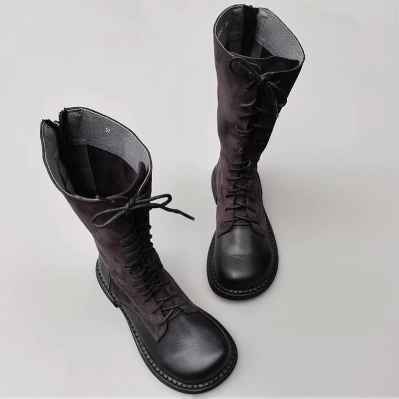 Handmade Lace up Leather Knee High Boots Big Toe Splicing Design Riding Boots Black/Brown