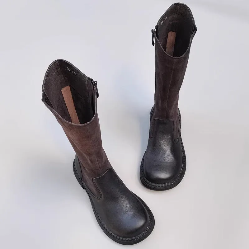 Handmade Leather Knee High Boots Big Toe Splicing Design Riding Boots Black/Brown