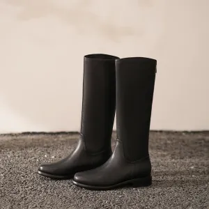 Handmade Soft Leather Knee High Boots Back Zip Riding Boots Short Plush Lining in Black