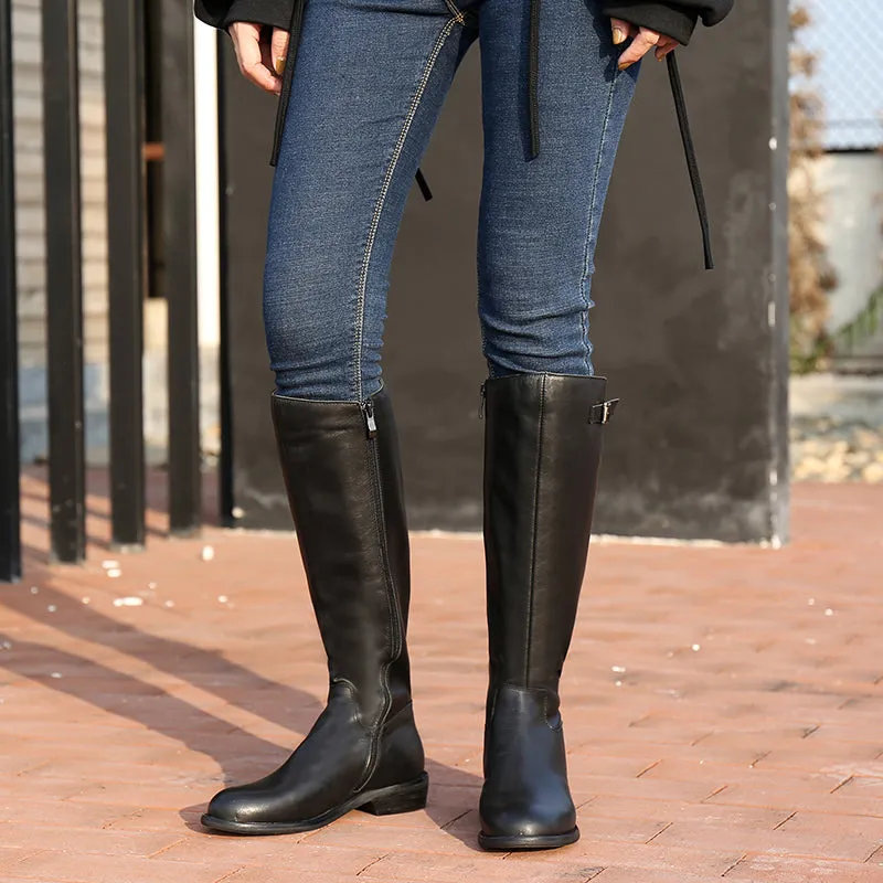 Handmade Soft Leather Knee High Boots Side Zip Riding Boots Short Plush Lining in Black/Brown