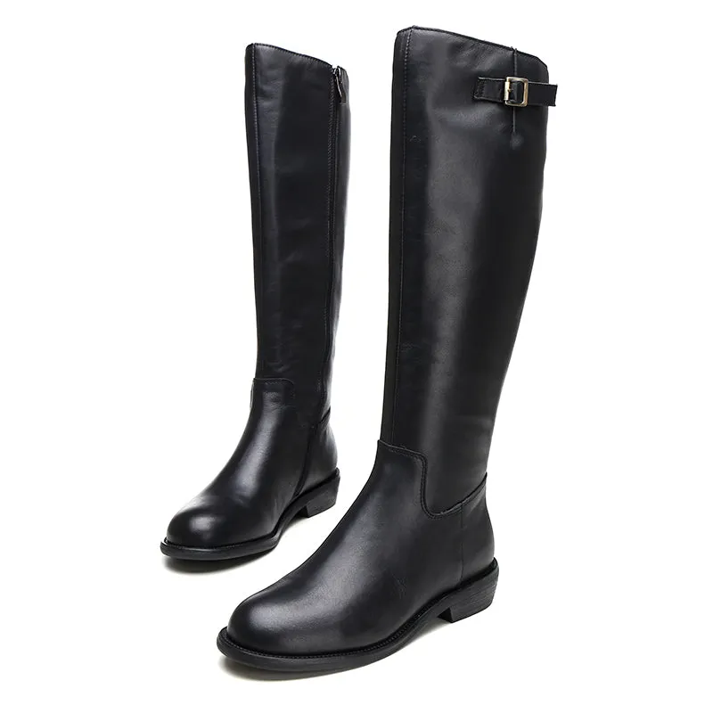 Handmade Soft Leather Knee High Boots Side Zip Riding Boots Short Plush Lining in Black/Brown