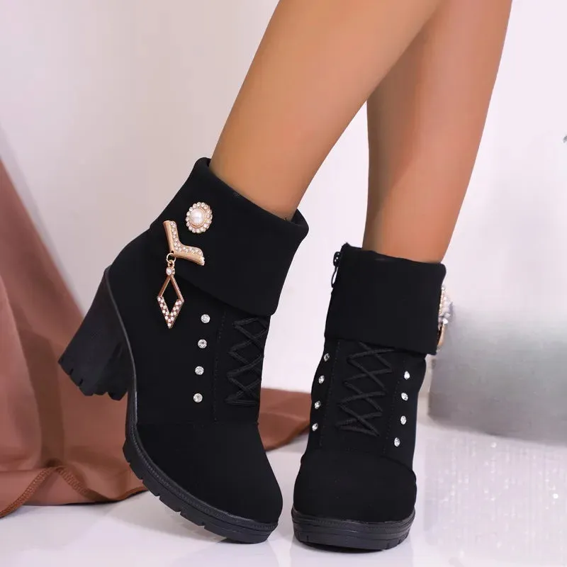 Hnzxzm 2024 New Winter Women High Heels Shoes Warm Non-slip Block Warm Snow Boots Fashion Designer Botas