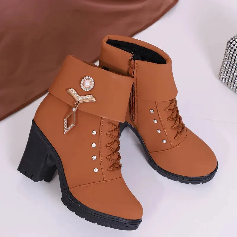 Hnzxzm 2024 New Winter Women High Heels Shoes Warm Non-slip Block Warm Snow Boots Fashion Designer Botas