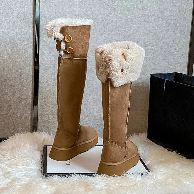 Hnzxzm Women Snow Boots 2025 Winter Knee High Boots Warm Cotton Shoes Cold New Fashion Solid Color Button Ladies Brown Plush Long Boots