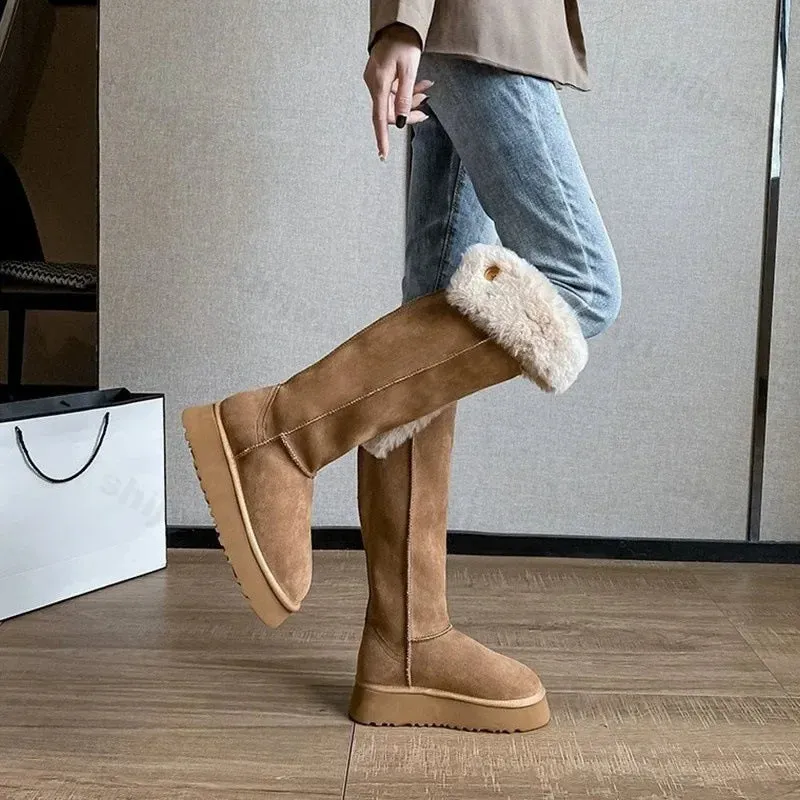 Hnzxzm Women Snow Boots 2025 Winter Knee High Boots Warm Cotton Shoes Cold New Fashion Solid Color Button Ladies Brown Plush Long Boots