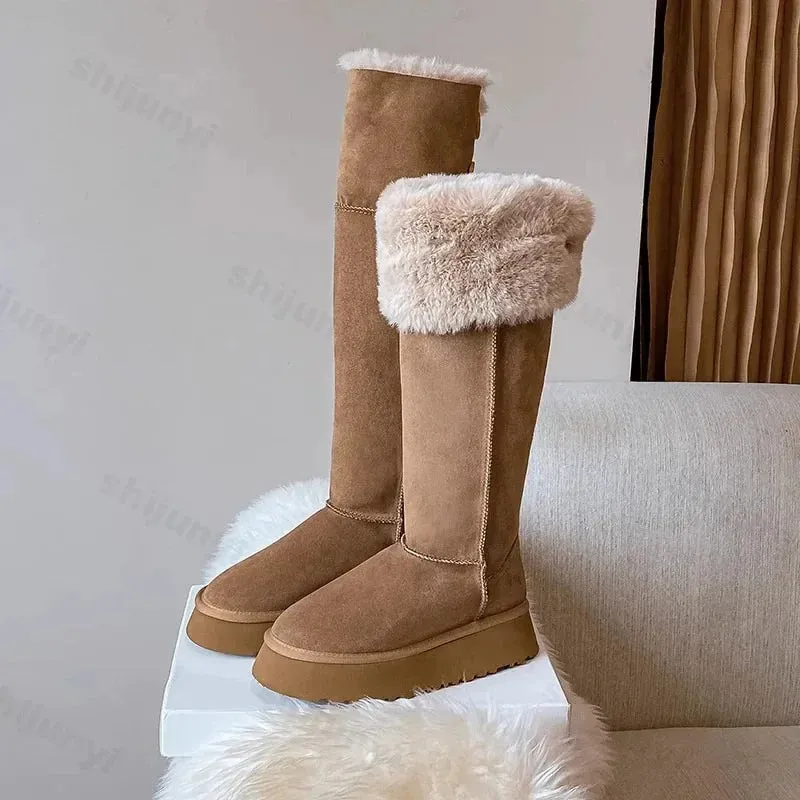 Hnzxzm Women Snow Boots 2025 Winter Knee High Boots Warm Cotton Shoes Cold New Fashion Solid Color Button Ladies Brown Plush Long Boots