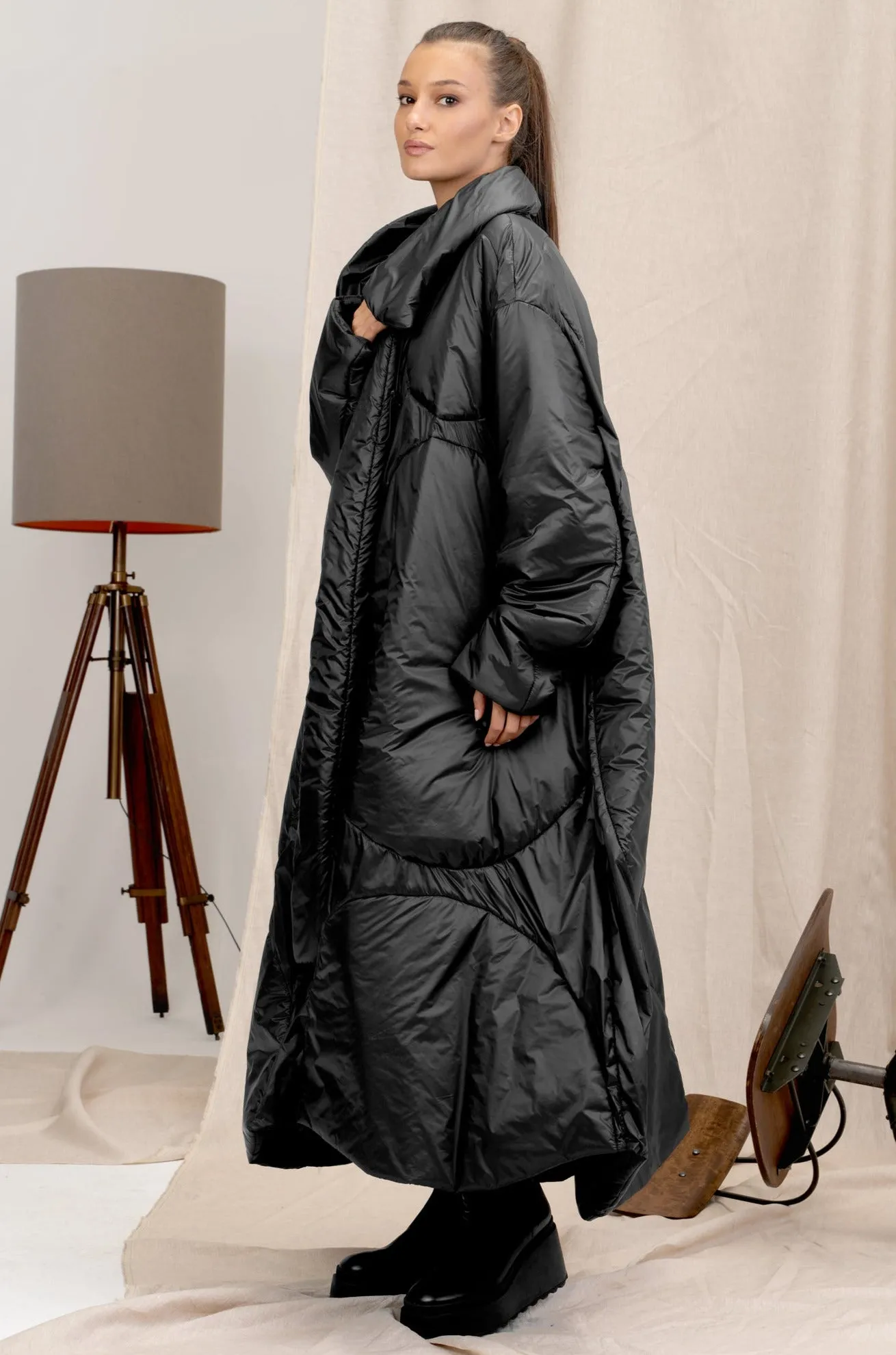 Longline Avant Garde Black Quilted Women's Coat