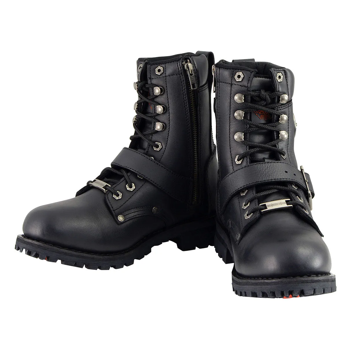 Milwaukee Leather MBM101W Men's Black Leather Wide-Width Lace-Up Engineer Motorcycle Boots w/ Side Zipper Entry