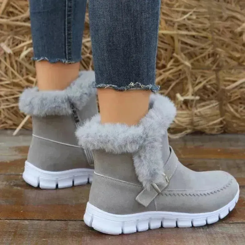 New Snow Boots Winter Warm Thickened Solid Color Plush Ankle Boots With Buckle Design Plus Velvet Flat Shoes For Women