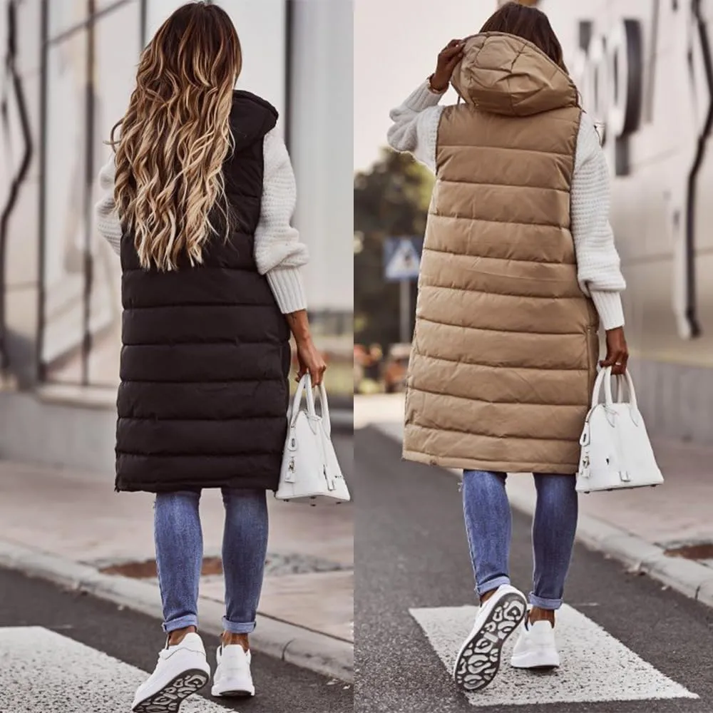 NEW Womens Long Sleeveless Hooded Vest Jacket Warm Outdoor Puffer Quilted Full Zip - Color: Off-White - Size XL