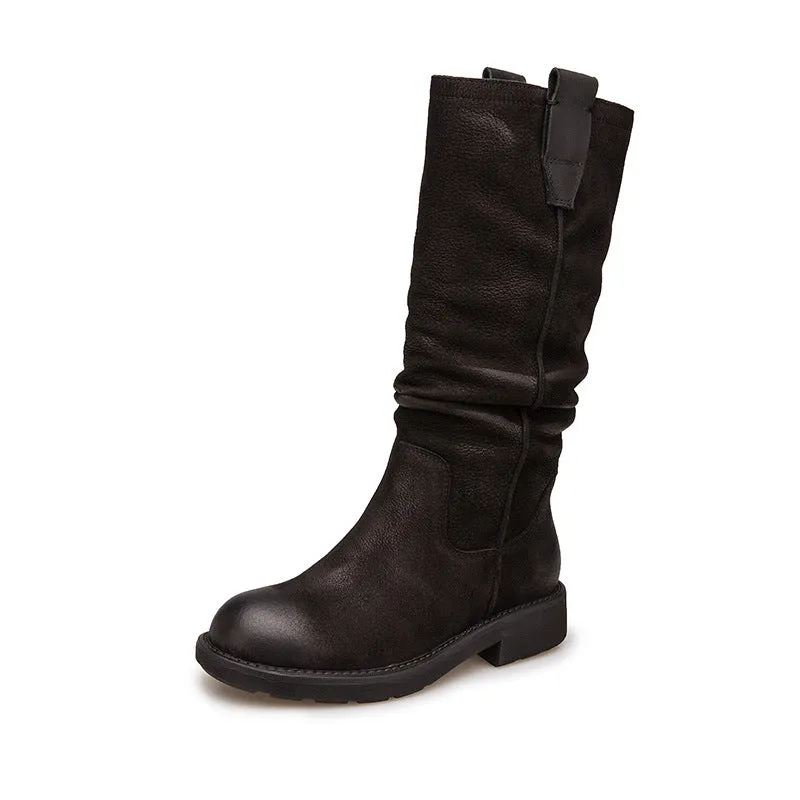 Nubuck Leather Mid Calf Boots Fold Design Riding Boots Short Plush Lined Or Leather For Choice Coffee/Black