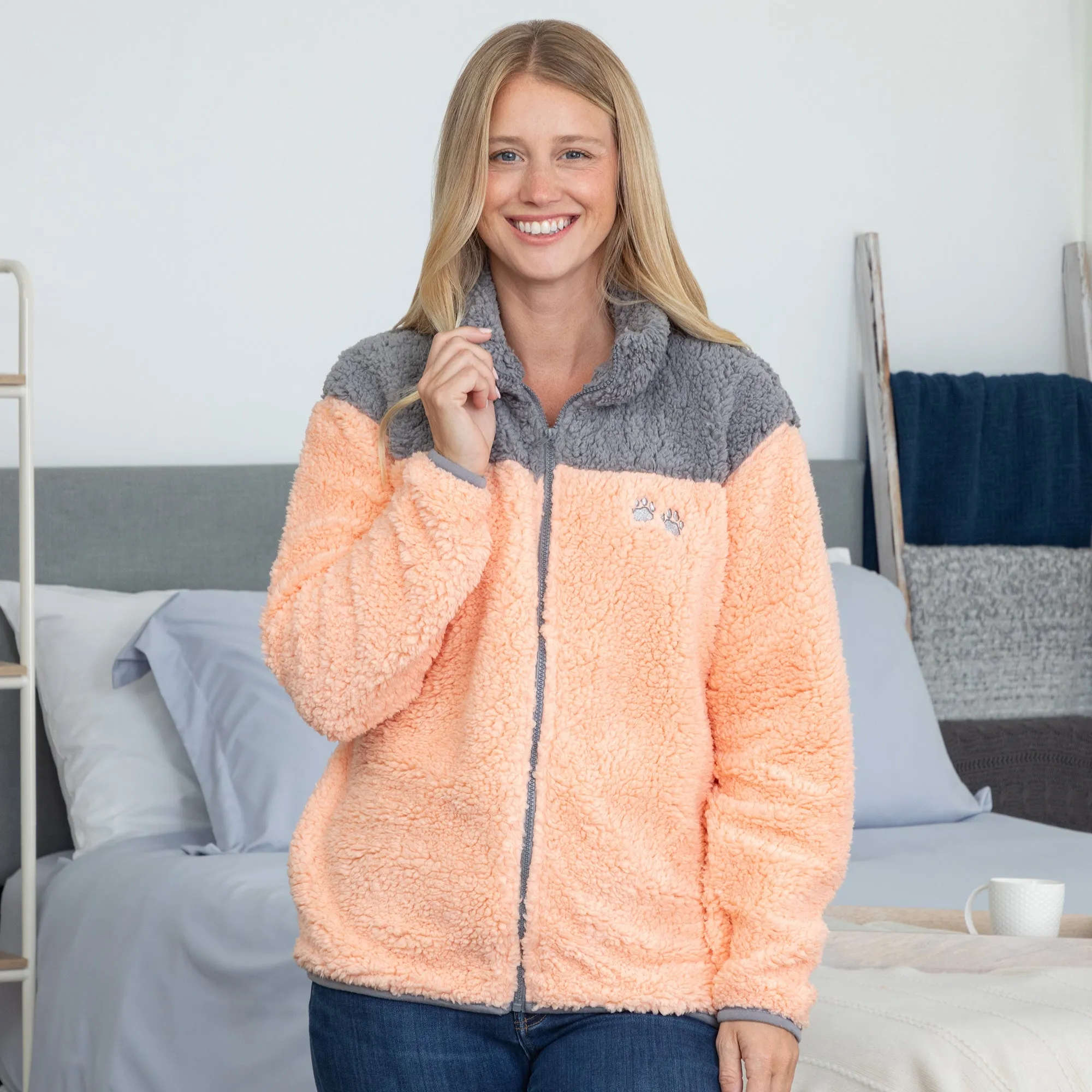 Paw Print Two-Toned Plush Sherpa Fleece Zip Up Jacket