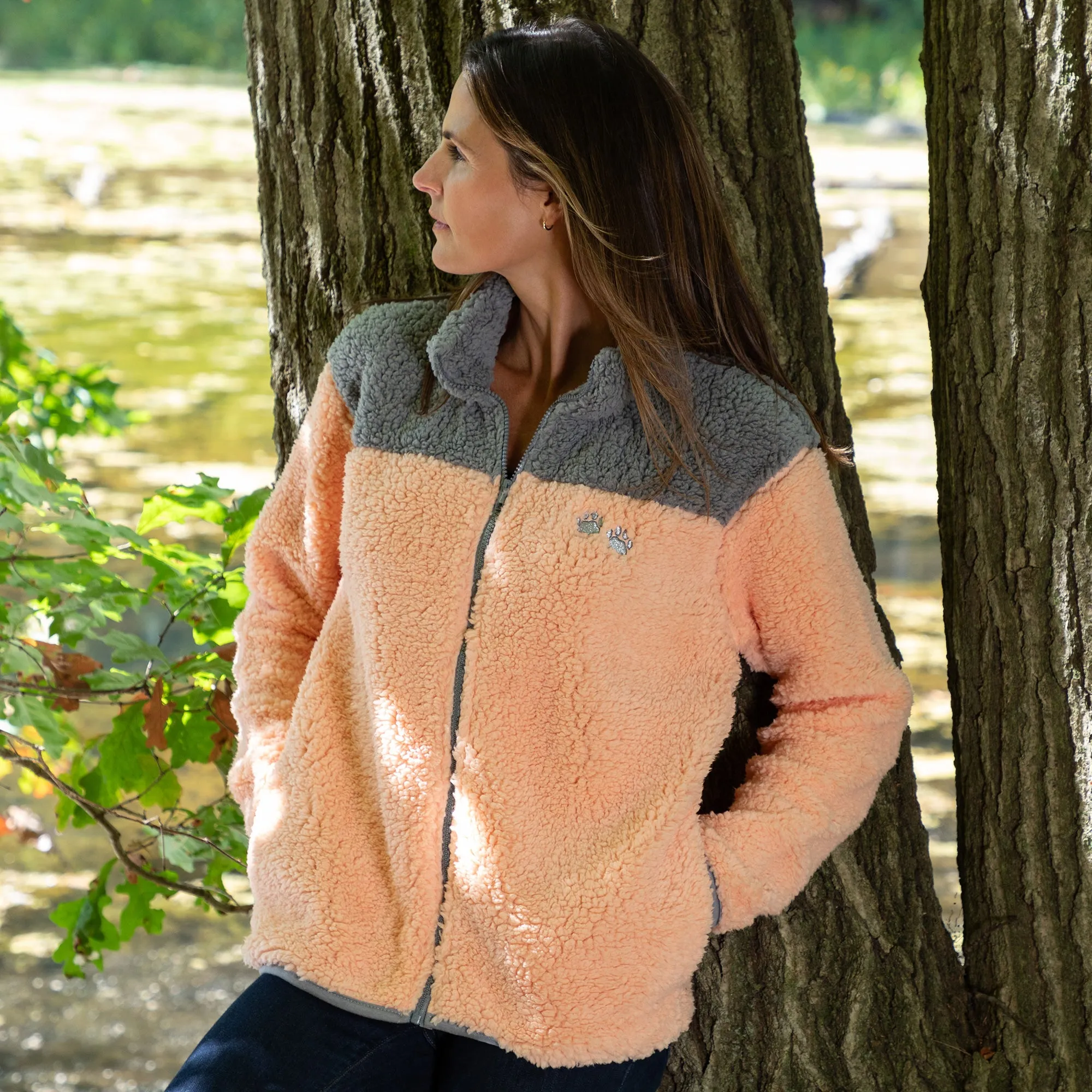 Paw Print Two-Toned Plush Sherpa Fleece Zip Up Jacket