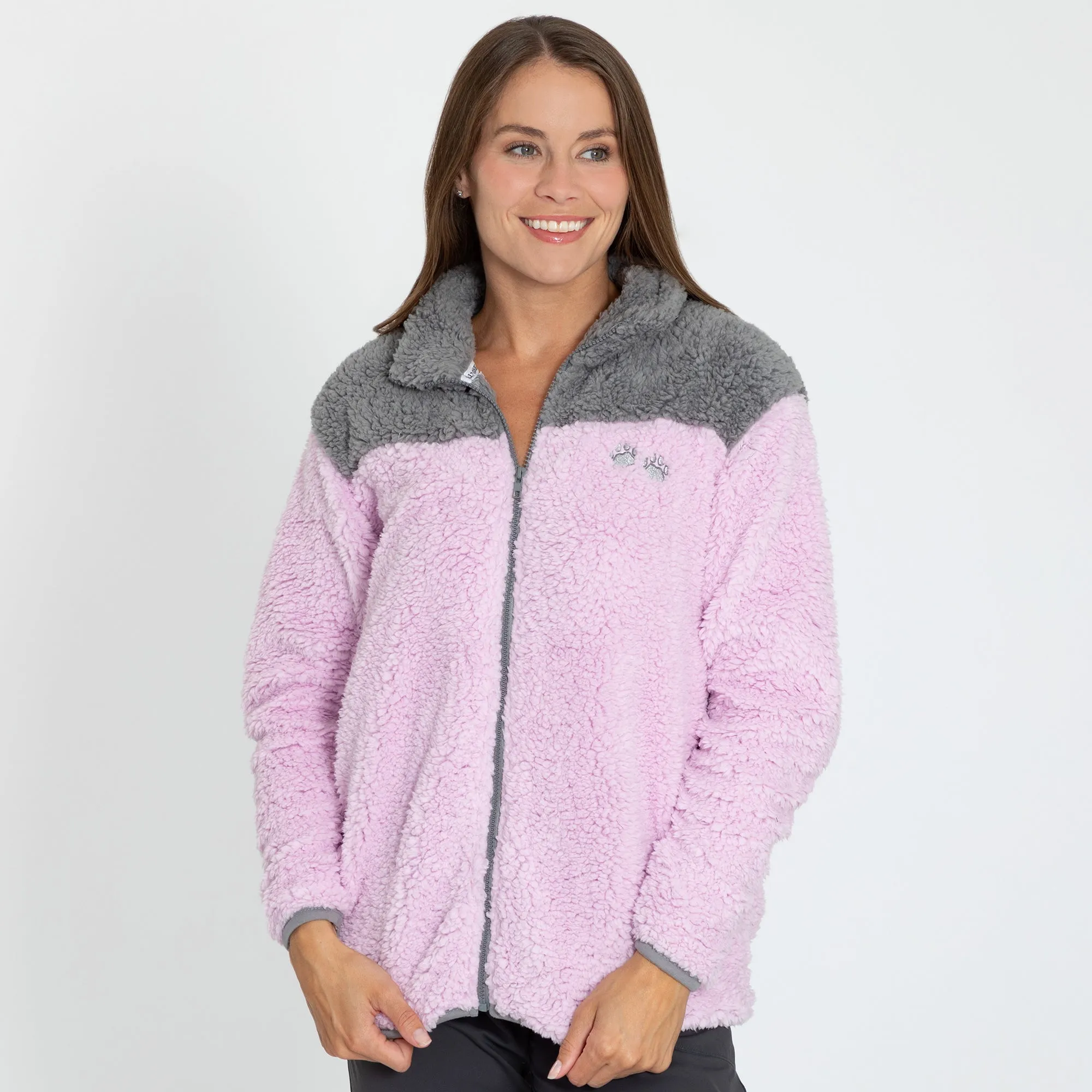 Paw Print Two-Toned Plush Sherpa Fleece Zip Up Jacket