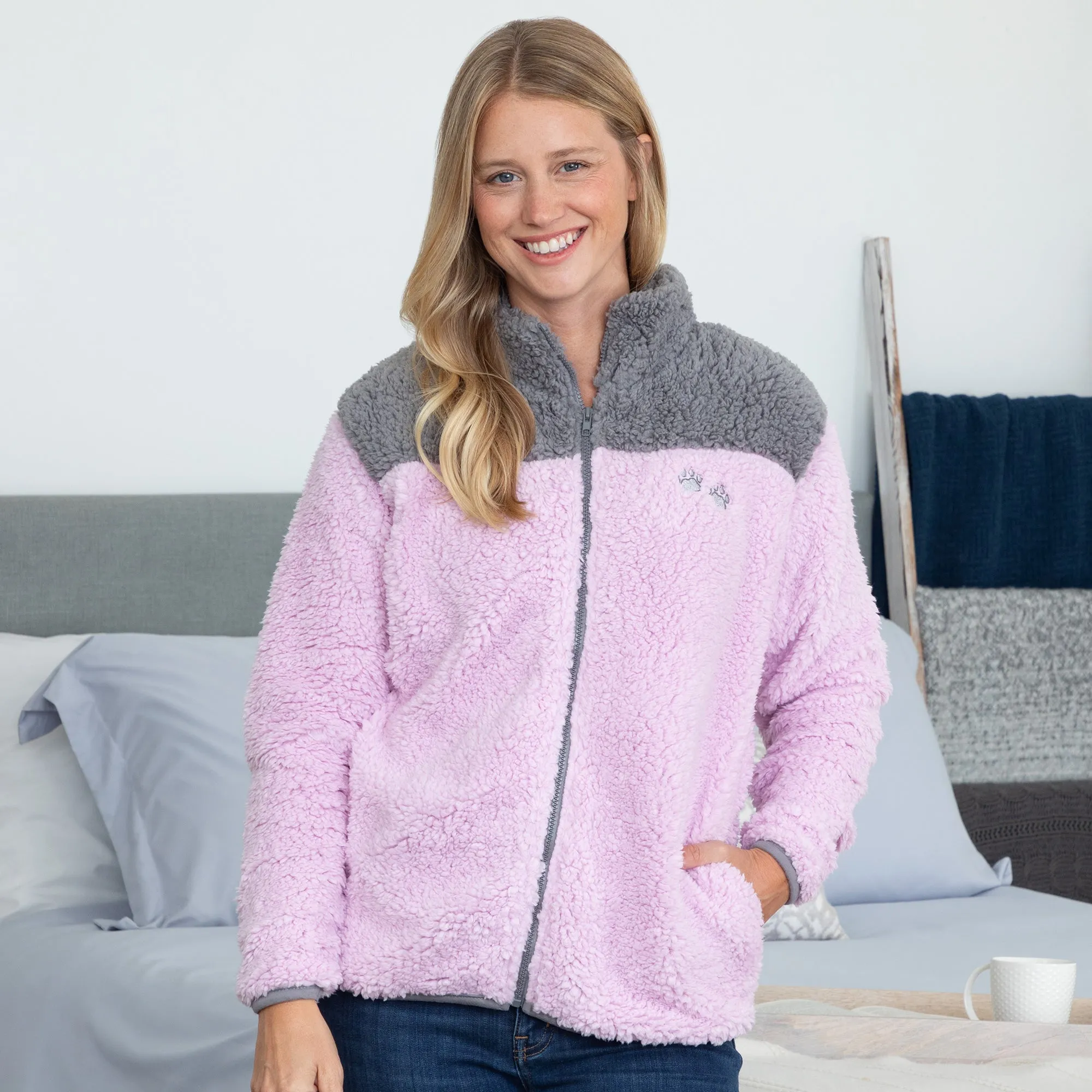 Paw Print Two-Toned Plush Sherpa Fleece Zip Up Jacket