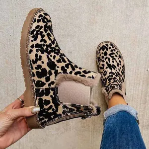 Purpdrank - Leopard Women Casual Shoes Slip On Back Zipper Comfort Sole Female Ankle Booties Thick Plush Velvet Winter Warm Lady Snow Boots