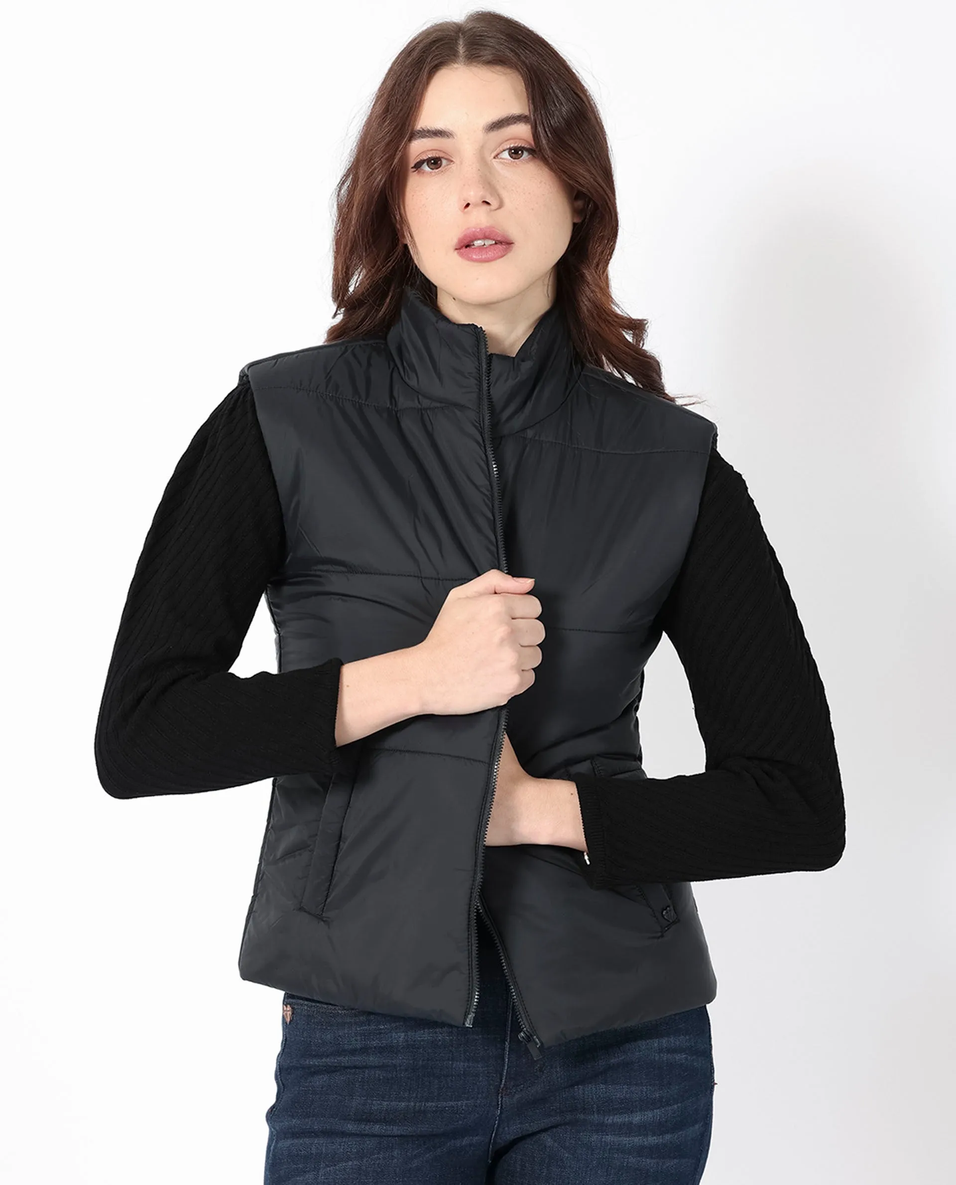 Rareism Women Glasha Sl Black Polyester Fabric Sleeveless Solid High Neck Jacket