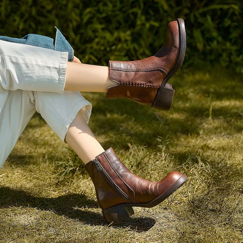 Side Zipper Chelsea Boots Washed Cowhide Short Boots for Autumn/Winter in Black/Brown