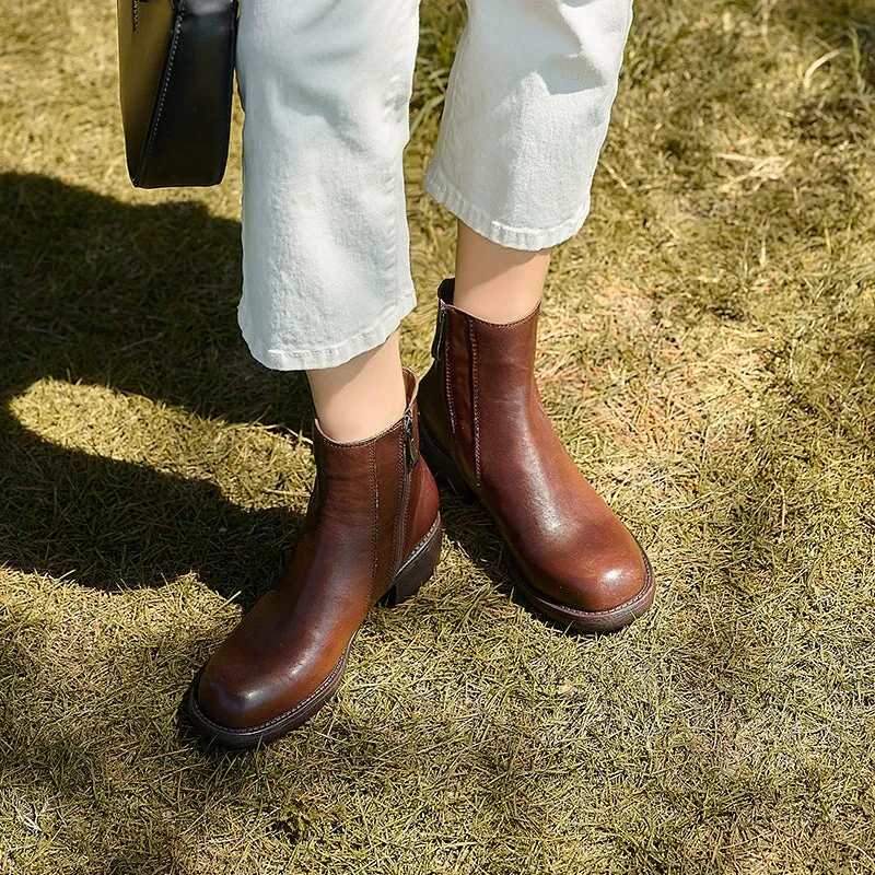 Side Zipper Chelsea Boots Washed Cowhide Short Boots for Autumn/Winter in Black/Brown