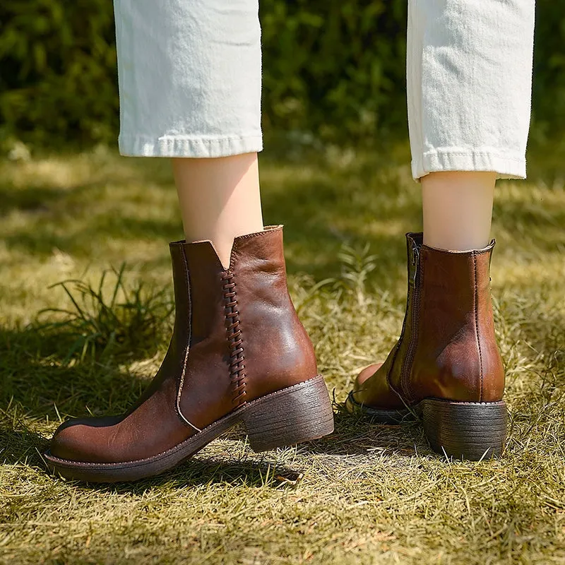 Side Zipper Chelsea Boots Washed Cowhide Short Boots for Autumn/Winter in Black/Brown