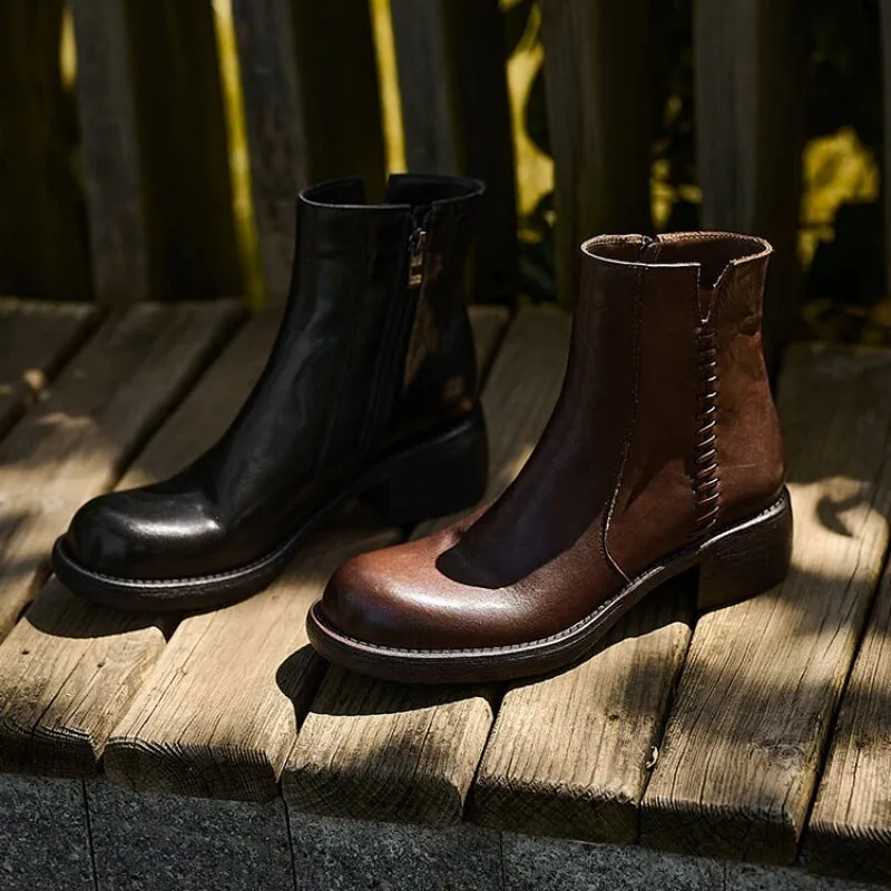 Side Zipper Chelsea Boots Washed Cowhide Short Boots for Autumn/Winter in Black/Brown