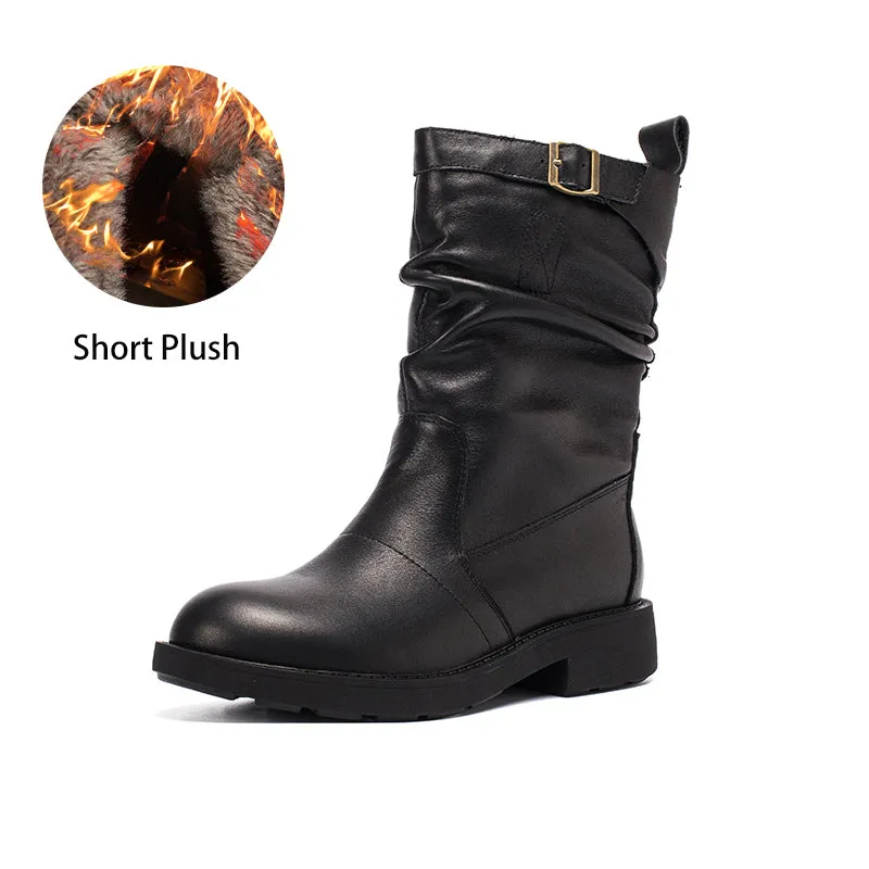 Soft Leather Mid Calf Boots Fold Design Riding Boots Short Plush Lined For Winter