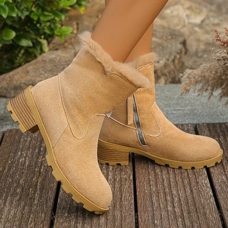 Sohiwoo Faux Suede Fur Ankle Boots Women Winter Warm Thick Heels Plush Boots Woman Side Zipper Non Slip Snow Shoes Female 43