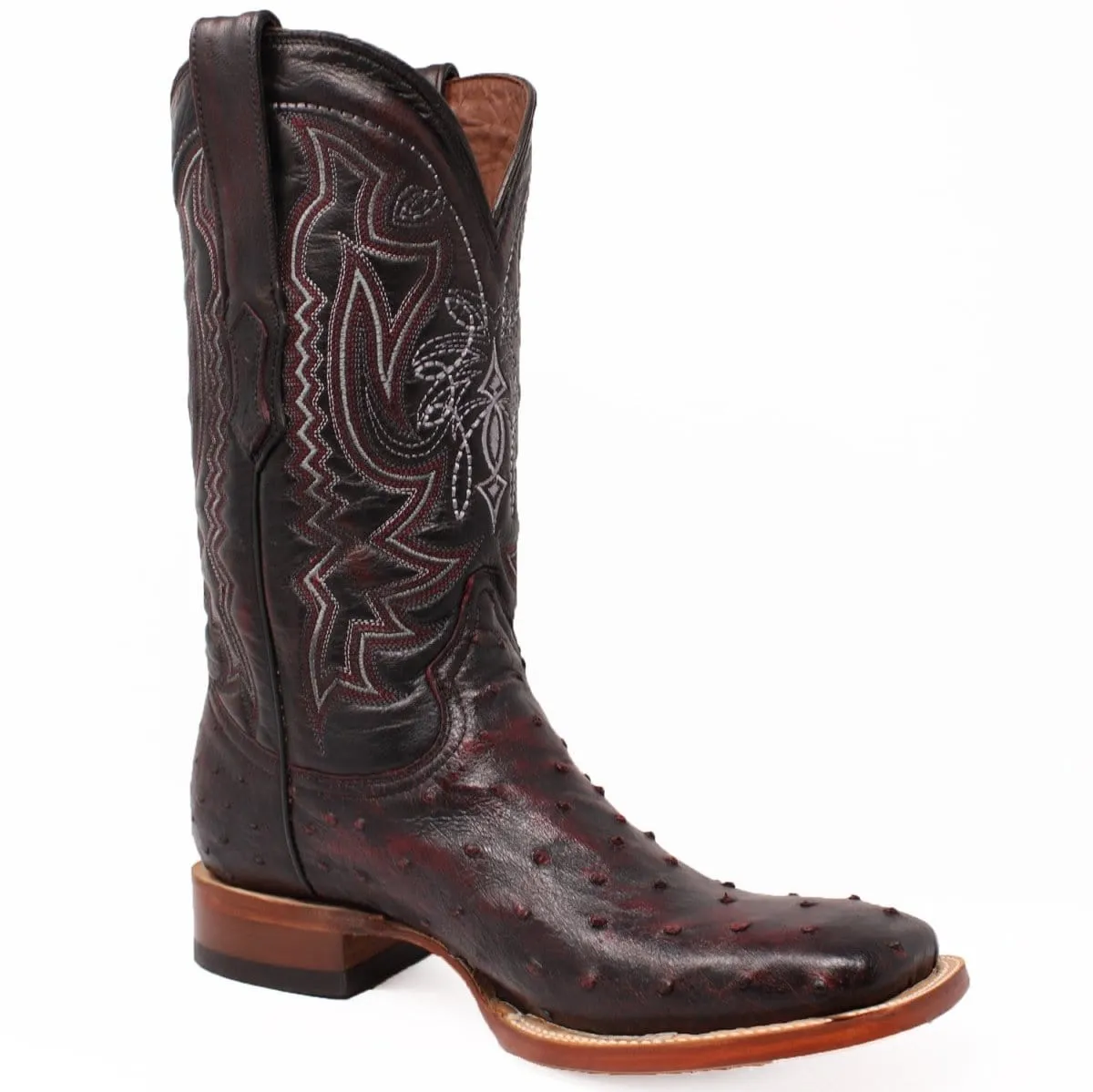 Tanner Mark Men's Genuine Full Quill Ostrich Square Toe Boots Black Cherry TMX203300