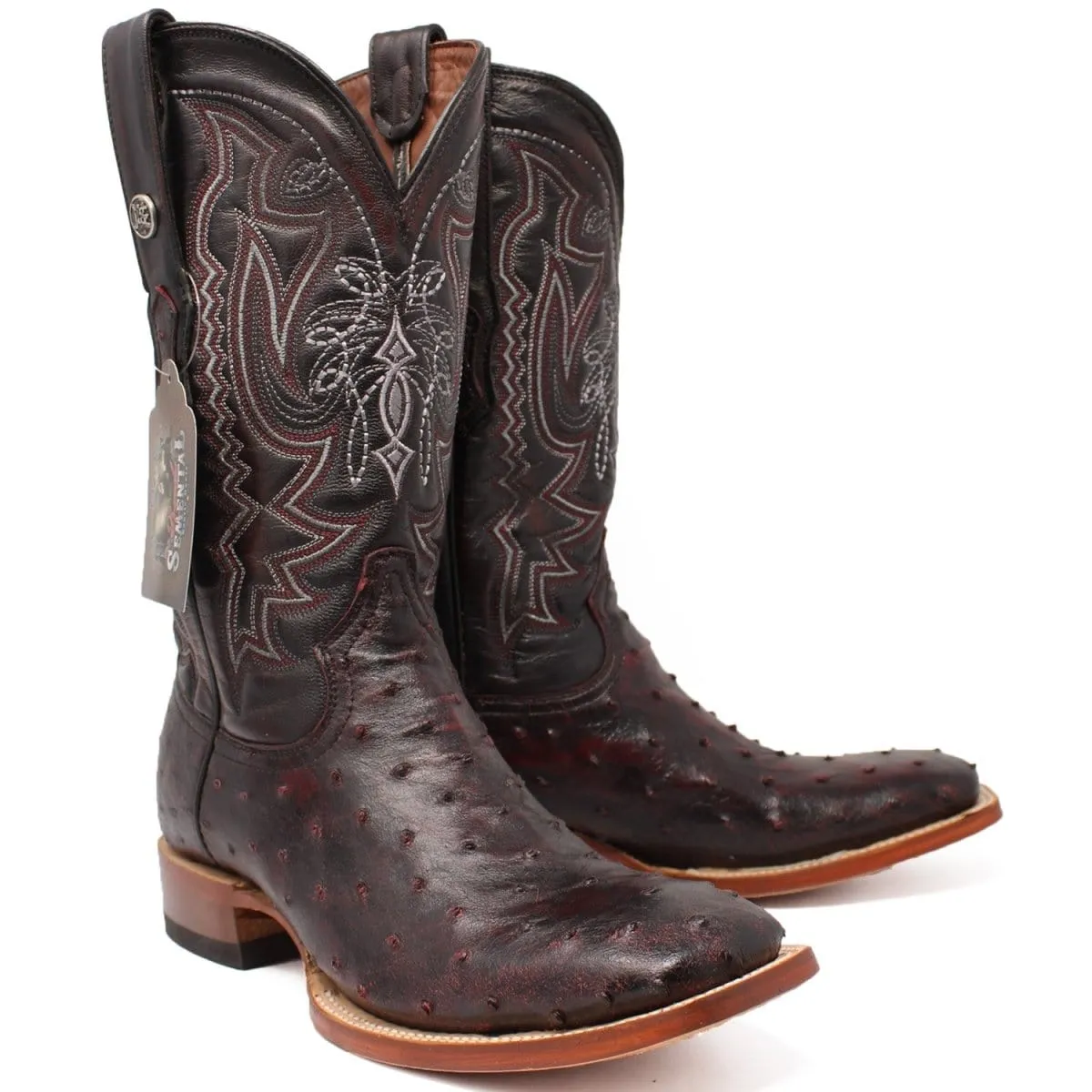 Tanner Mark Men's Genuine Full Quill Ostrich Square Toe Boots Black Cherry TMX203300