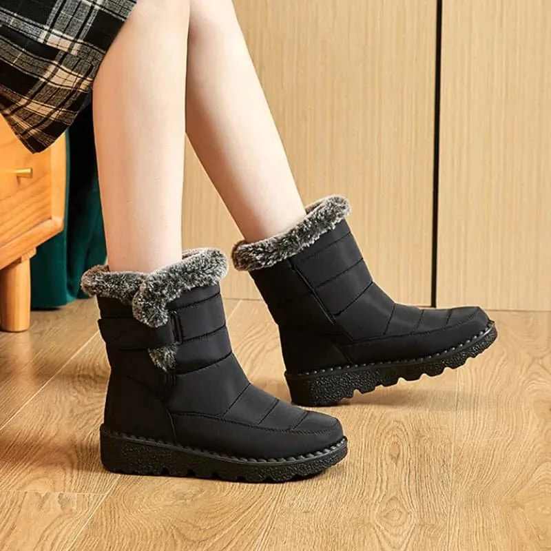 Waterproof Winter Boots for Women - Cozy Plush Lining, Slip-On, Faux Fur, Flat Heel