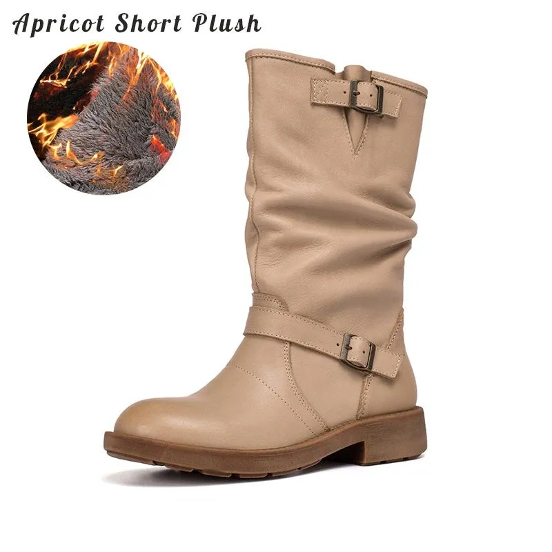 Waxing Leather Mid Calf Boots Fold Design Riding Boots Short Plush Lined Or Leather For Choice Apricot/Brown/Black