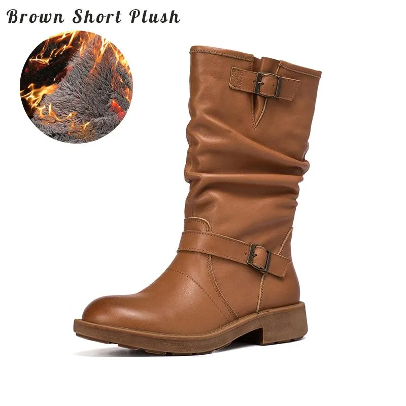 Waxing Leather Mid Calf Boots Fold Design Riding Boots Short Plush Lined Or Leather For Choice Apricot/Brown/Black