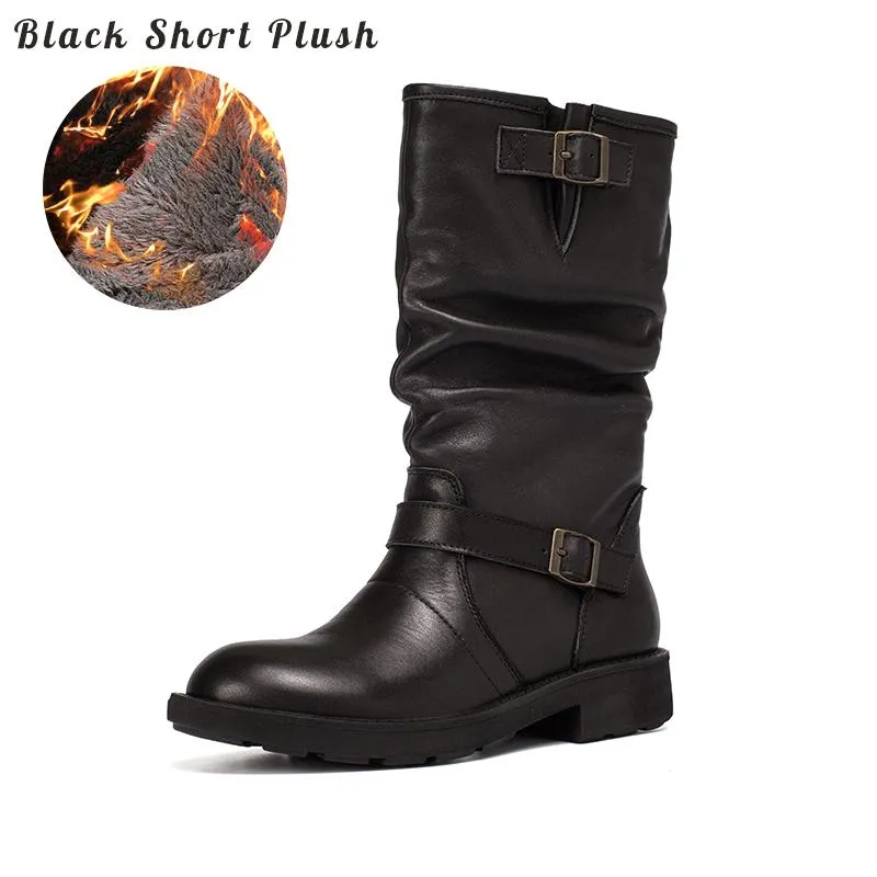 Waxing Leather Mid Calf Boots Fold Design Riding Boots Short Plush Lined Or Leather For Choice Apricot/Brown/Black