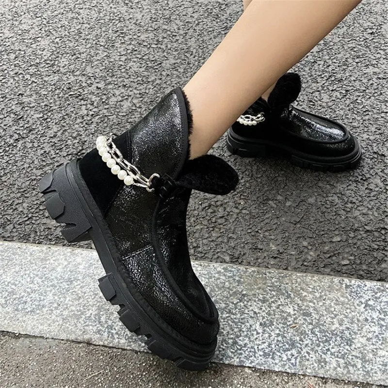 Wenkouban  fashion inspo    New Winter Warm Women's Ankle Boots Pearl Chain Thick Bottom Snow Boots Fashion Women's Boots Wool Fur Boots Youth Boots