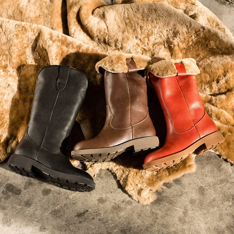 Western Cowboy Boots Handmade Leather Mid Calf Snow Boots Shearling Lined in Red/Black/Coffee