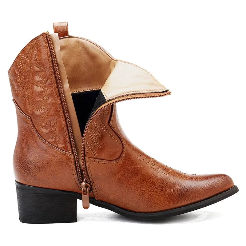 Western Cowgirl Women's Square Heel Ankle Boots With Zipper - Camel,Black