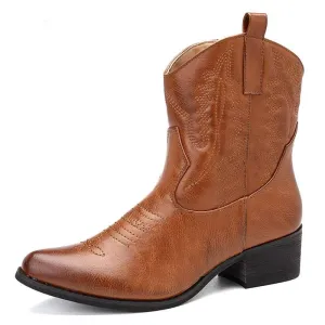 Western Cowgirl Women's Square Heel Ankle Boots With Zipper - Camel,Black