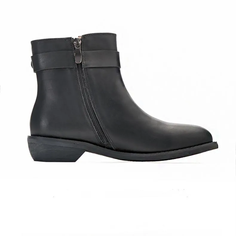 Wide Fit Handmade Genuine Leather Round Toe Back Zip Low Heels Chic Mid-Calf Boots With Buckles Black Leather Lining