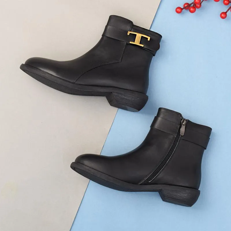 Wide Fit Handmade Genuine Leather Round Toe Back Zip Low Heels Chic Mid-Calf Boots With Buckles Black Leather Lining