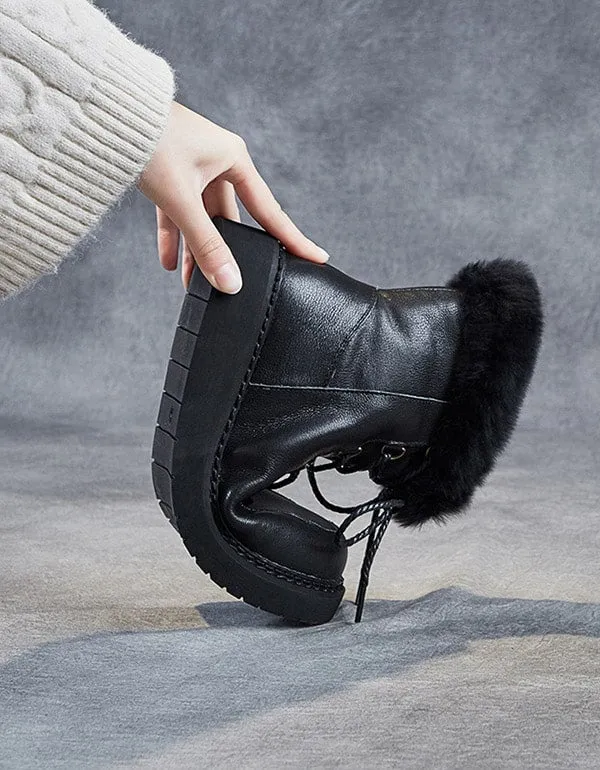 Winter Fur Retro Leather Snow Boots Women