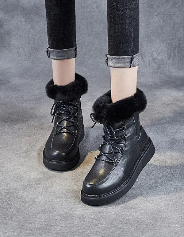 Winter Fur Retro Leather Snow Boots Women