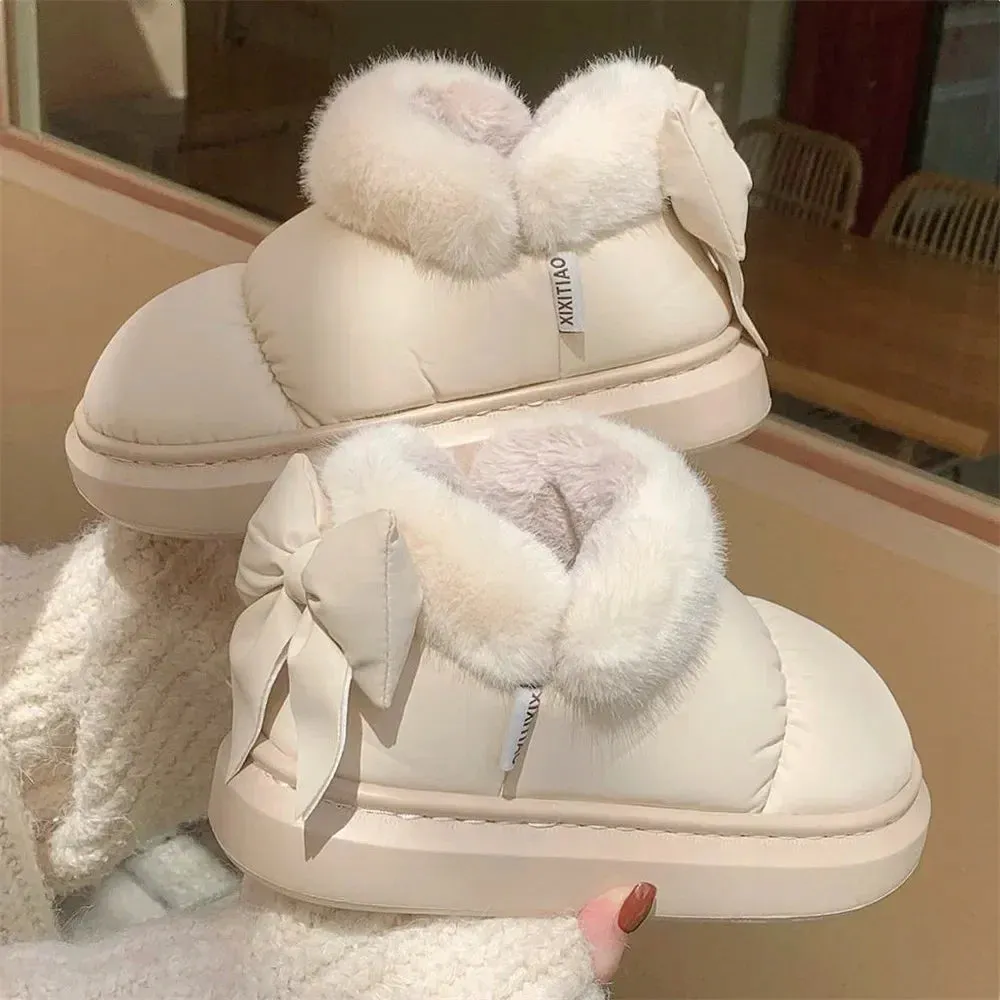 Wjczt Women's Snow Boots Winter Warm Thick Ankle Boots Outdoor Anti Slip Furry Bow Cotton Shoes Comfortable Waterproof Plush Boots