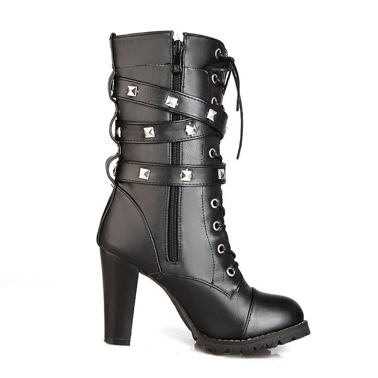 Woman's Side Zipper Rivet Thick Heel Mid Calf Boots High Heel Lace Up Martin Boots Shoes