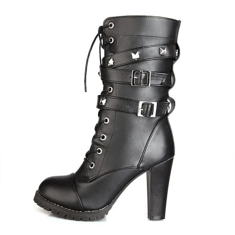 Woman's Side Zipper Rivet Thick Heel Mid Calf Boots High Heel Lace Up Martin Boots Shoes