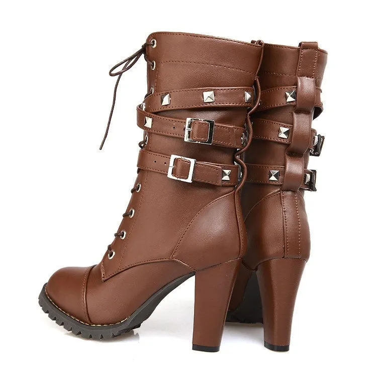 Woman's Side Zipper Rivet Thick Heel Mid Calf Boots High Heel Lace Up Martin Boots Shoes