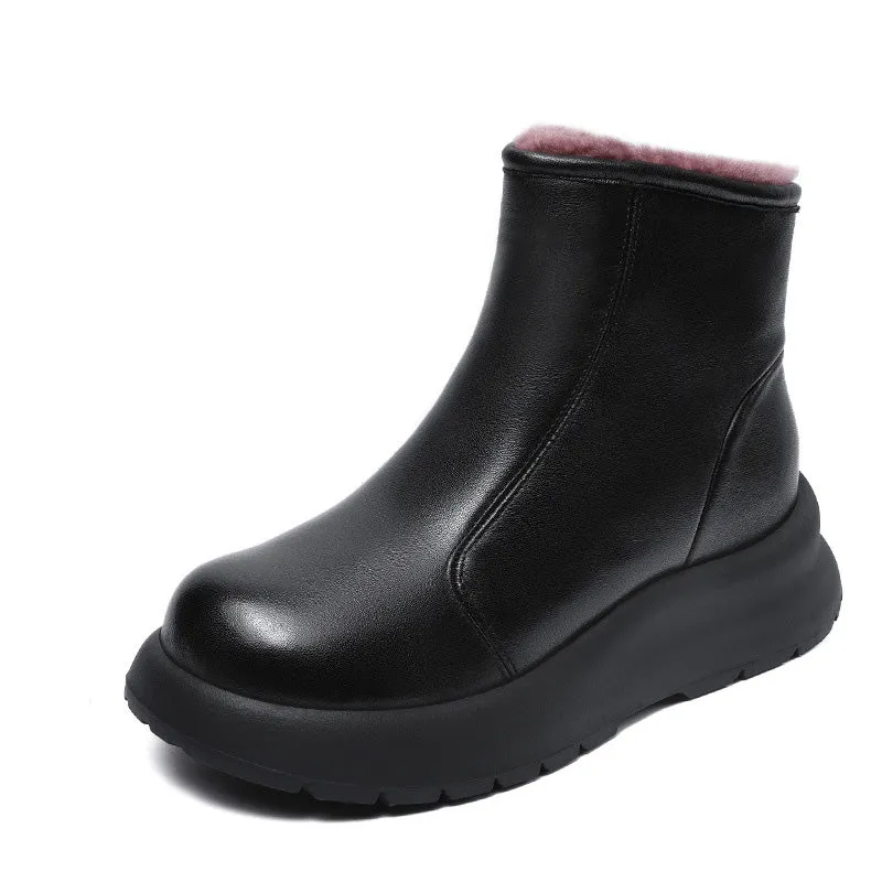 Women Minimliam Solid Leather Wool Ankle Snow Boots