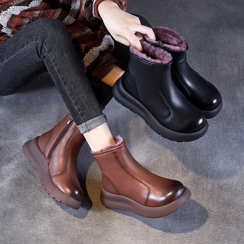 Women Minimliam Solid Leather Wool Ankle Snow Boots